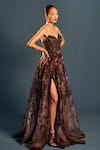 Cedar & Pine_Brown Organza Printed Floral Sweetheart Sepia Sequin Embroidered Gown  _Online_at_Aza_Fashions