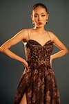 Buy_Cedar & Pine_Brown Organza Printed Floral Sweetheart Sepia Sequin Embroidered Gown  _Online_at_Aza_Fashions