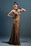 Cedar & Pine_Black Net Embroidery Bead Halter Neck Gown  _Online_at_Aza_Fashions