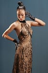 Buy_Cedar & Pine_Black Net Embroidery Bead Halter Neck Gown  _Online_at_Aza_Fashions