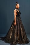 Cedar & Pine_Black Shimmer Chiffon Printed Vintage Wallpaper Plunge V Neck Gown  _Online_at_Aza_Fashions