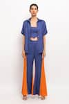 Buy_Neora By Nehal Chopra_Blue Bemberg Modal Silk Solid Bustier  Halter Half Sleeve Shirt Flared Pant Set _Online_at_Aza_Fashions