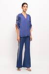 Buy_Neora By Nehal Chopra_Blue Bemberg Modal Silk Solid V Ruched Sleeve Kaftan Bell-bottom Set  _Online_at_Aza_Fashions