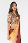 Buy_Nikita Vishakha_Brown Crepe Embroidered Mirror V Neck Ombre Dyed Cowl Skirt Saree With Blouse_Online_at_Aza_Fashions