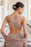 Charu and Vasundhara_Pink Net Embroidery Sequin V Neck Sasha Leaf Pattern Bridal Lehenga Set_Online_at_Aza_Fashions