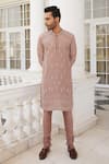 Charu and Vasundhara_Pink Kurta Bamberg Silk Embroidery Bead Shane Straight Stripe Pattern Set _Online_at_Aza_Fashions