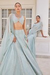 Shop_Charu and Vasundhara_Blue Net Embroidery Sequin Leaf Neck Stasia Diamond Pattern Bridal Lehenga Set _Online_at_Aza_Fashions