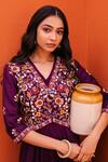 Kesar Studio_Purple Silk Embroidery V-neck Bageecha Asymmetric Gown With Jacket_Online_at_Aza_Fashions