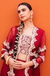 Kesar Studio_Red Silk Embroidery Floral Blouse V Neck And Jacket Open Border Skirt Set _Online_at_Aza_Fashions