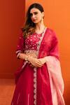 Buy_Kesar Studio_Red Silk, Organza Embroidery V-neck Linear Lehenga Set_Online_at_Aza_Fashions