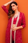 Kesar Studio_Red Silk Embroidery Mirror Work Crop Top Leaf Jacket Sharara Pant Set _Online_at_Aza_Fashions