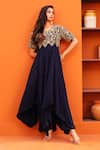 Kesar Studio_Blue Crepe Embroidery Zardozi V Neck Yoke Kurta And Pant Set _Online_at_Aza_Fashions