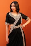 Kesar Studio_Black Silk Embroidery Zardozi Leaf Neck Pre-draped Skirt Saree Set_Online_at_Aza_Fashions