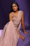 Rishi And Soujit_Pink Organza And Crepe Embroidery Hand-dyed Pearl V Neck Pre-draped Saree Set _Online_at_Aza_Fashions