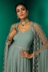 Rishi And Soujit_Grey Georgette Embroidery Swarovski Jumpsuit Gathered With Cape  _Online_at_Aza_Fashions