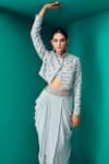 Rishi And Soujit_Blue Crepe Embroidery Sequin Mandarin Crop Jacket And Draped Skirt Set  _Online_at_Aza_Fashions