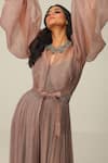 Rishi And Soujit_Beige Georgette And Organza Pleated Strappy Jumpsuit With Overlay  _Online_at_Aza_Fashions