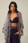 Rishi And Soujit_Purple Georgette And Organza Embroidery Thread V Neck Cape & Flared Pant Set _Online_at_Aza_Fashions