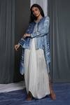 Shop_Krishna Mehta_Blue Chanderi Shawl Neck Geometrical Pattern Shaded Jacket_Online_at_Aza_Fashions