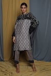 Krishna Mehta_Grey Tussar Printed Geometric Keyhole Cape Tunic _Online_at_Aza_Fashions