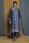 Krishna Mehta_Blue Tussar Keyhole Neck Geometric Hand Block Print Tunic _Online_at_Aza_Fashions