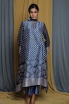 Shop_Krishna Mehta_Blue Tussar Keyhole Neck Geometric Hand Block Print Tunic _Online_at_Aza_Fashions