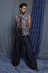 Krishna Mehta_Blue Cotton, Viscose Embroidery Navy Bloom Bundi _Online_at_Aza_Fashions