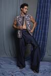 Shop_Krishna Mehta_Blue Cotton, Viscose Embroidery Navy Bloom Bundi _Online_at_Aza_Fashions