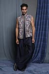 Krishna Mehta_Blue Cotton, Viscose Embroidery Navy Bloom Bundi _at_Aza_Fashions
