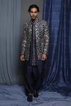Krishna Mehta_Blue Cotton Viscose Embroidered Floral Sherwani And Salwar Set _Online_at_Aza_Fashions