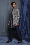 Buy_Krishna Mehta_Blue Cotton Viscose Embroidered Floral Sherwani And Salwar Set _Online_at_Aza_Fashions