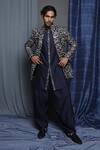 Shop_Krishna Mehta_Blue Cotton Viscose Embroidered Floral Sherwani And Salwar Set _Online_at_Aza_Fashions