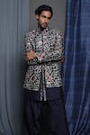Krishna Mehta_Blue Cotton Viscose Embroidered Floral Sherwani And Salwar Set _at_Aza_Fashions