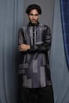 Krishna Mehta_Black Tussar Printed Geometric Ombre Kurta _at_Aza_Fashions
