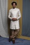 Krishna Mehta_White Cotton, Viscose Embroidery Floral Sherwani And Pant Set _Online_at_Aza_Fashions