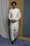 Krishna Mehta_White Cotton, Viscose Embroidery Floral Sherwani Salwar Set_Online_at_Aza_Fashions