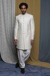 Shop_Krishna Mehta_White Cotton, Viscose Embroidery Floral Sherwani Salwar Set_Online_at_Aza_Fashions