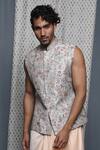 Krishna Mehta_Gray Cotton, Viscose Embroidery Floral Grey Bundi _at_Aza_Fashions