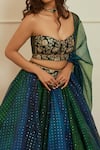 Buy_Cedar & Pine_Blue Net Printed And Embroidered Gold Foil Sweetheart Neck Lehenga Set_Online_at_Aza_Fashions