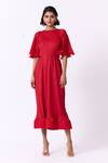 Scarlet Sage_Red Polyester Boat Neck Celestine Ruffle Sleeve Dress_Online_at_Aza_Fashions