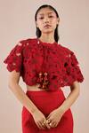 Chandrima_Red Organza Cutwork, Applique, Bead Round Poppy Cape _Online_at_Aza_Fashions