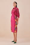 Chandrima_Fuchsia Kalacotton Embroidered Cutwork Shirt Collar Bead Kimono Dress _Online_at_Aza_Fashions