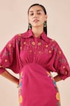 Buy_Chandrima_Fuchsia Kalacotton Embroidered Cutwork Shirt Collar Bead Kimono Dress _Online_at_Aza_Fashions