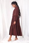 KHAT_Maroon Poplin Cotton Plain Band Collar Pintucked Bodice And Tiered Dress _Online_at_Aza_Fashions