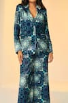 Betrue_Blue Velvet V-neck, Collared Floral Print Jacket Pant Set _Online_at_Aza_Fashions