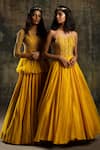 Mona and Vishu_Yellow Peplum Organza Embroidery Zardozi Top And Chanderi Skirt Set _at_Aza_Fashions