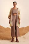 Buy_Cord_Beige Linen Print Woods Cape Open And Crop Top Square June & Pant Set _at_Aza_Fashions