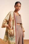 Shop_Cord_Beige Linen Print Woods Cape Open And Crop Top Square June & Pant Set _Online_at_Aza_Fashions