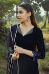 Shop_Monk & Mei_Blue Velvet Embroidered Sequin Lapel Collar Straight Kurta Set _Online_at_Aza_Fashions