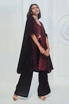 Monk & Mei_Wine Velvet Geometric Round Pattern Kaftan And Pant Set _Online_at_Aza_Fashions